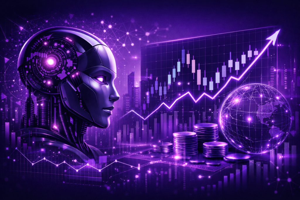 ONYX NIGHTSHADE AI autonomous trading system purple futuristic financial market analysis